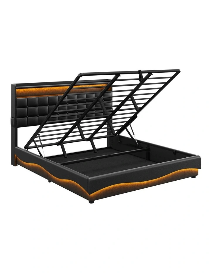 Gas Lift Bed with Storage Headboard, Black Faux Leather Upholstered Bed with LED and USB Charging image 1