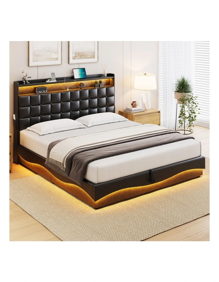 Gas Lift Bed with Storage Headboard, Black Faux Leather Upholstered Bed with LED and USB Charging image 2