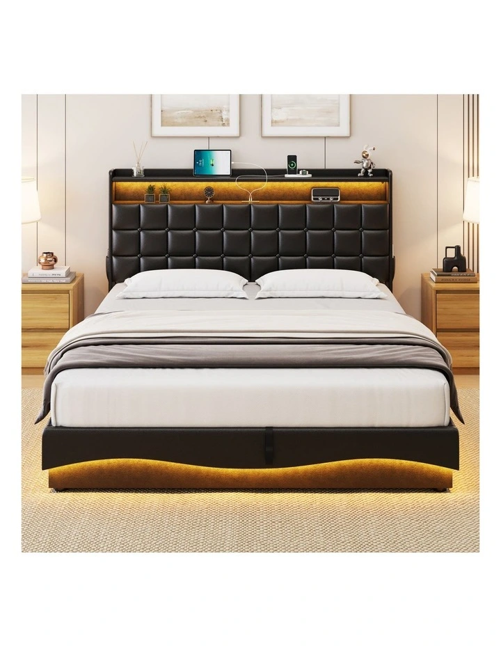 Gas Lift Bed with Storage Headboard, Black Faux Leather Upholstered Bed with LED and USB Charging image 3