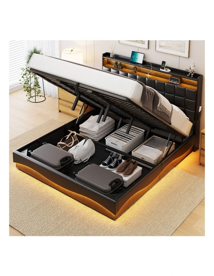 Gas Lift Bed with Storage Headboard, Black Faux Leather Upholstered Bed with LED and USB Charging image 4