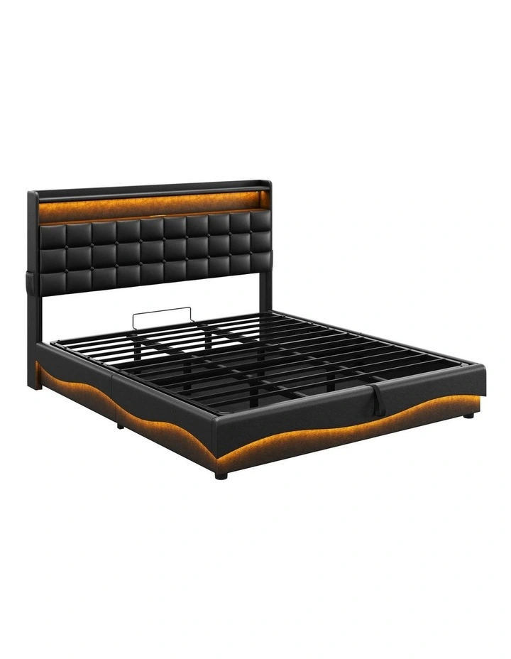 Gas Lift Bed with Storage Headboard, Black Faux Leather Upholstered Bed with LED and USB Charging image 5