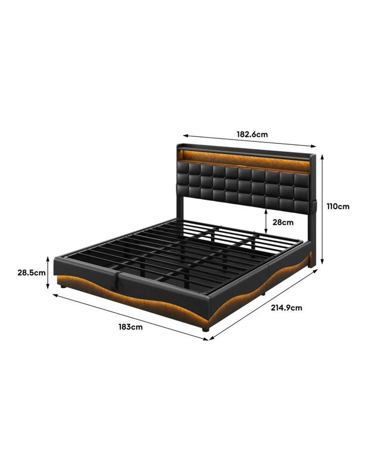 Gas Lift Bed with Storage Headboard, Black Faux Leather Upholstered Bed with LED and USB Charging image 6
