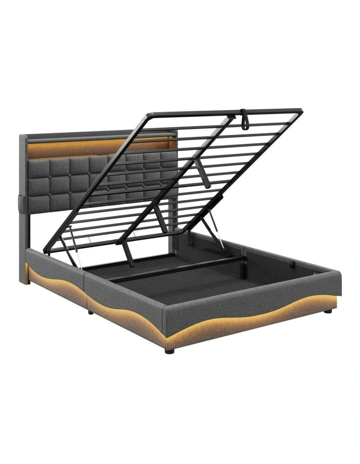 Gas Lift Bed with Storage Headboard, Grey Fabric Upholstered Bed with LED and Charging Station image 1