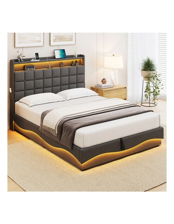 Gas Lift Bed with Storage Headboard, Grey Fabric Upholstered Bed with LED and Charging Station image 2