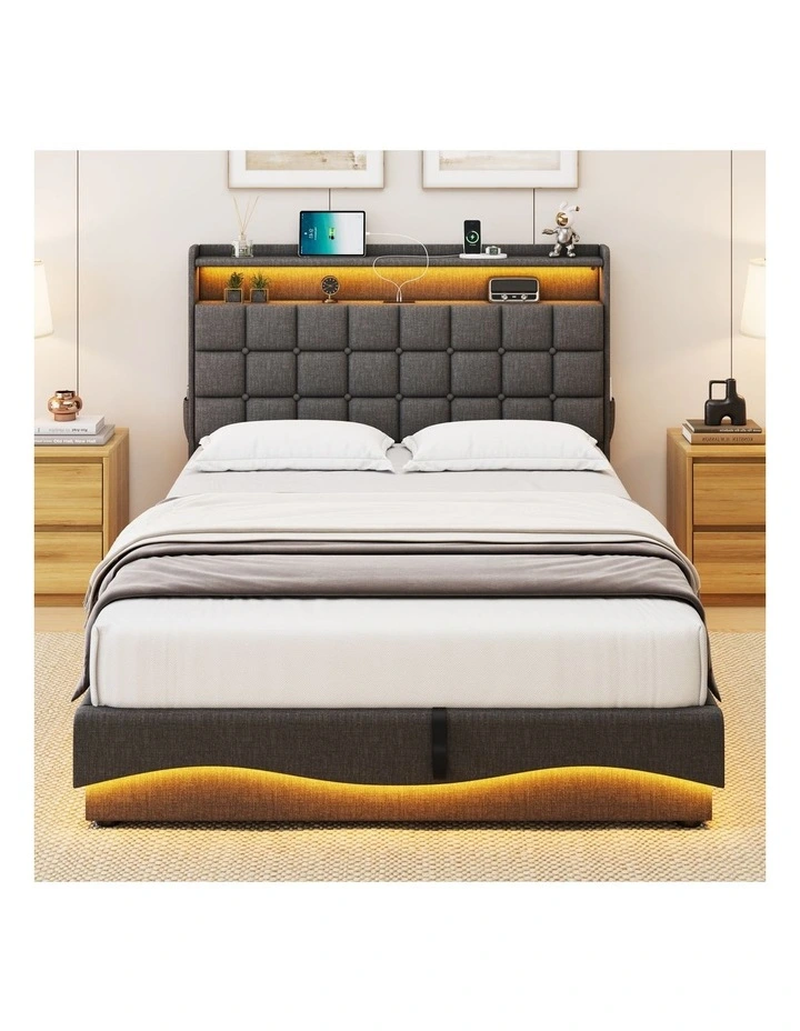 Gas Lift Bed with Storage Headboard, Grey Fabric Upholstered Bed with LED and Charging Station image 3