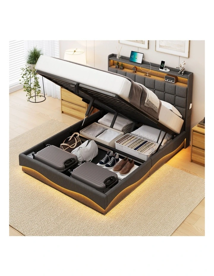 Gas Lift Bed with Storage Headboard, Grey Fabric Upholstered Bed with LED and Charging Station image 4