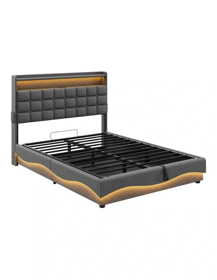 Gas Lift Bed with Storage Headboard, Grey Fabric Upholstered Bed with LED and Charging Station image 5