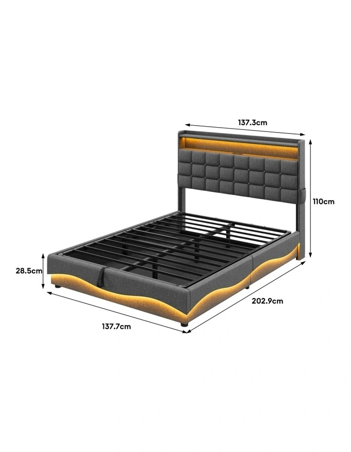 Gas Lift Bed with Storage Headboard, Grey Fabric Upholstered Bed with LED and Charging Station image 6