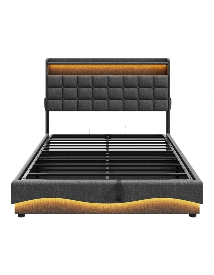 Gas Lift Bed with Storage Headboard, Grey Fabric Upholstered Bed with LED and Charging Station image 7
