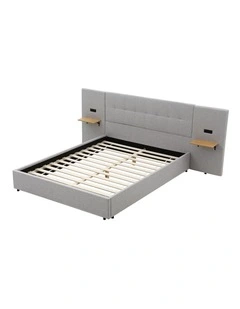 Artiss Queen Bed Frame with Wide Headboard, Floating Shelves and  USB Grey