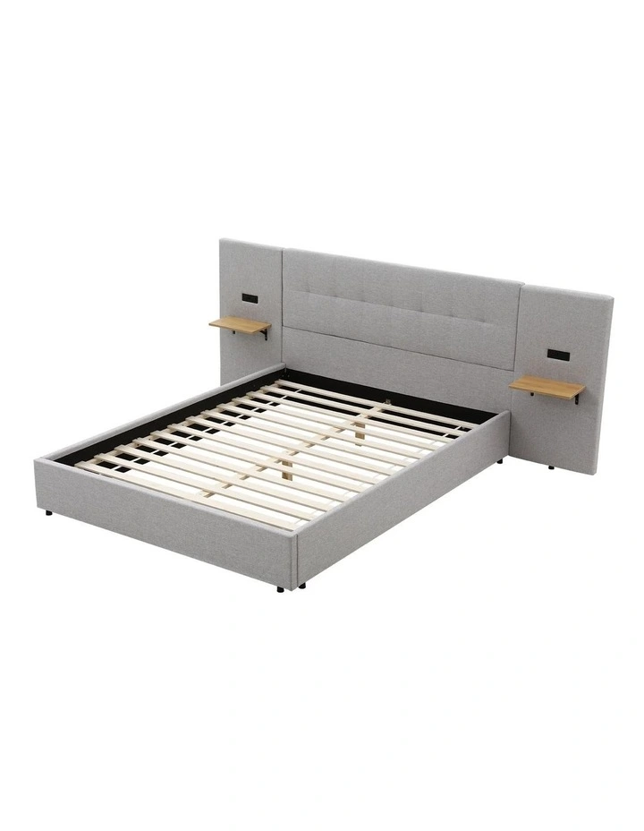 Artiss Queen Bed Frame with Wide Headboard, Floating Shelves and USB Grey image 1