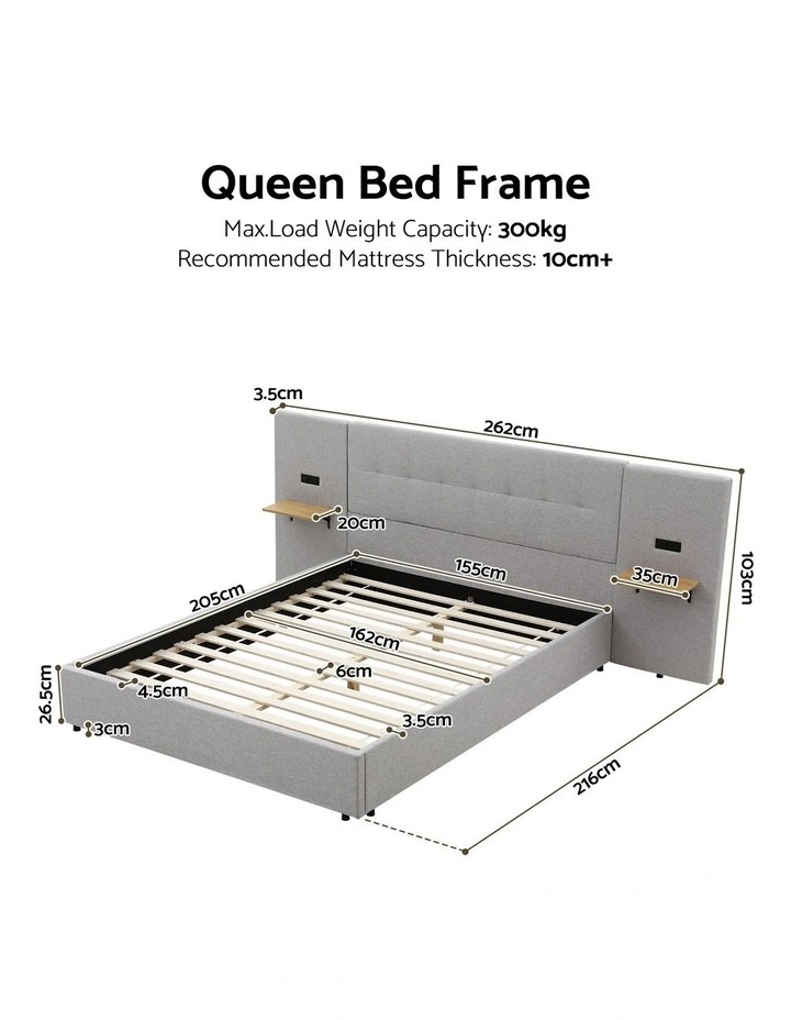 Artiss Queen Bed Frame with Wide Headboard, Floating Shelves and USB Grey image 2