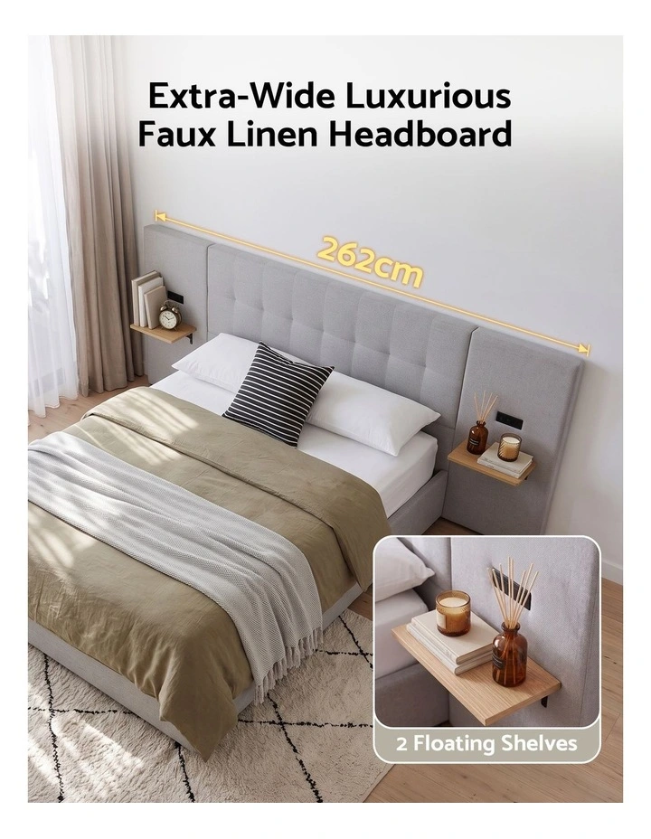 Artiss Queen Bed Frame with Wide Headboard, Floating Shelves and USB Grey image 5