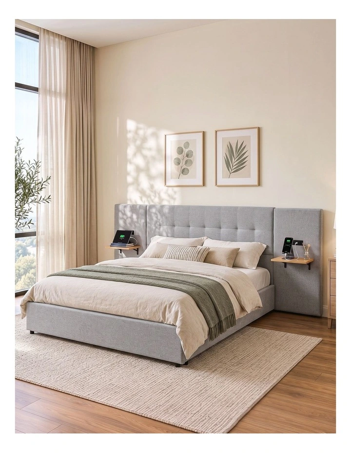 Artiss Queen Bed Frame with Wide Headboard, Floating Shelves and USB Grey image 6