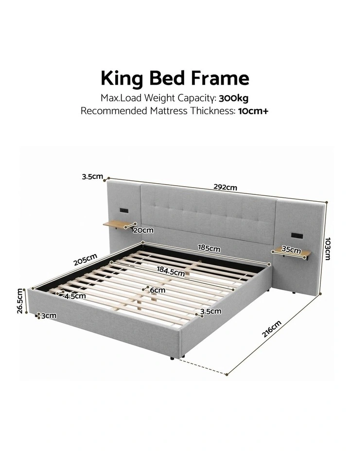Artiss King Bed Frame with Wide Headboard, Floating Shelves and USB Grey image 2