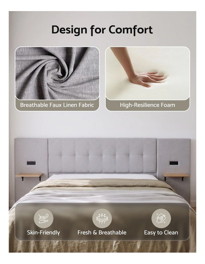 Artiss King Bed Frame with Wide Headboard, Floating Shelves and USB Grey image 4