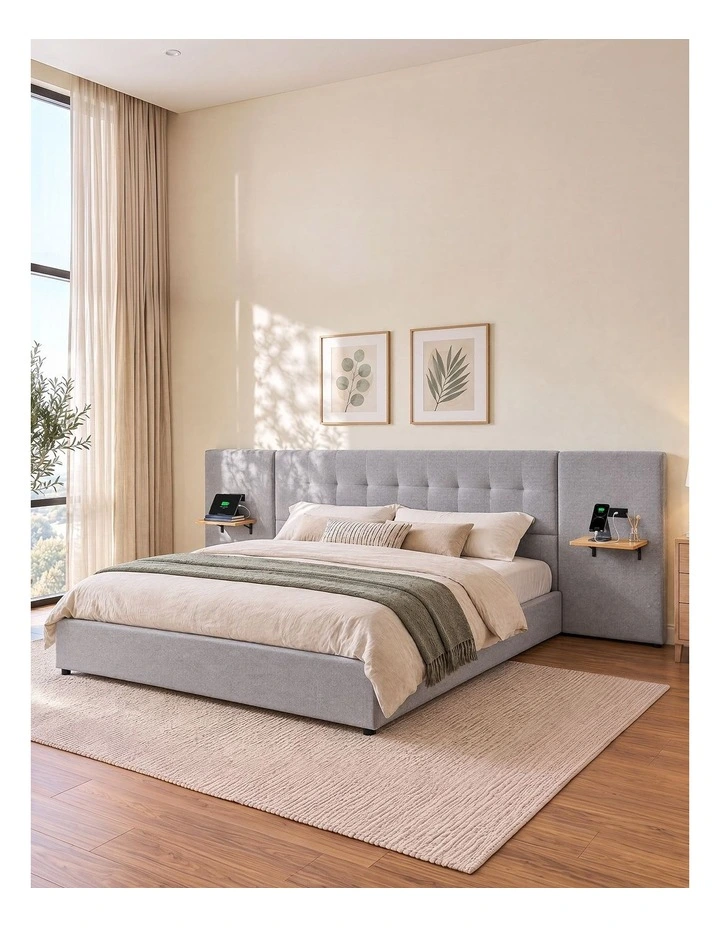 Artiss King Bed Frame with Wide Headboard, Floating Shelves and USB Grey image 6
