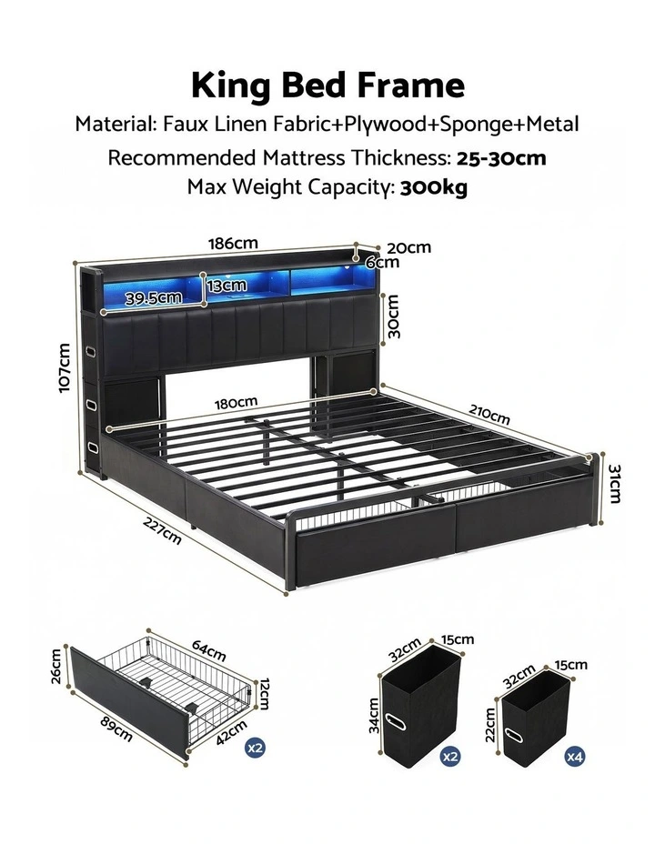 Artiss King Bed Frame with Storage Headboard, 2 Drawers, Charging Station & LED Light image 2