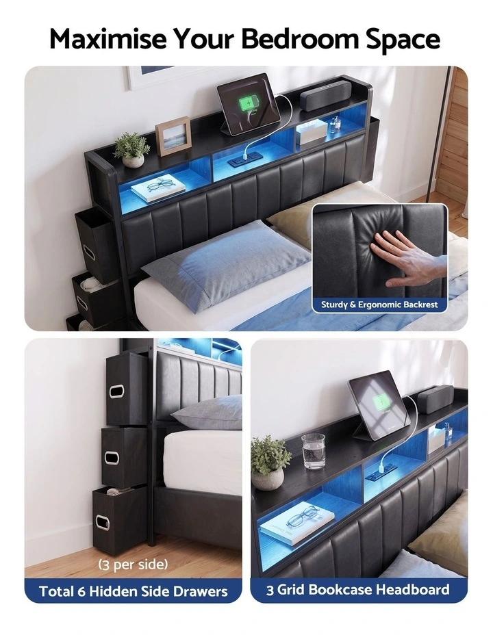 Artiss King Bed Frame with Storage Headboard, 2 Drawers, Charging Station & LED Light image 4