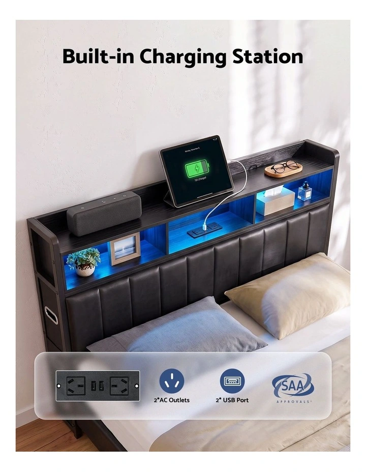 Artiss King Bed Frame with Storage Headboard, 2 Drawers, Charging Station & LED Light image 5