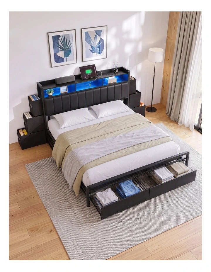 Artiss King Bed Frame with Storage Headboard, 2 Drawers, Charging Station & LED Light image 6