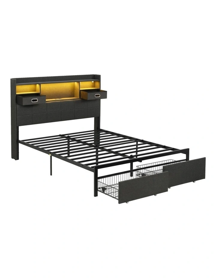 Artiss Queen Bed Frame with Storage Drawers & Headboard, 2 Drawer, USB, LED image 1