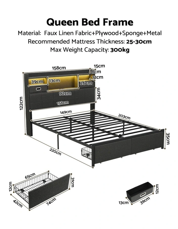 Artiss Queen Bed Frame with Storage Drawers & Headboard, 2 Drawer, USB, LED image 2