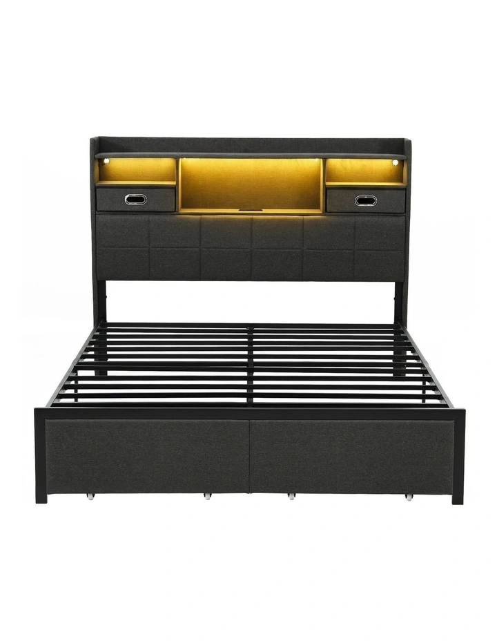 Artiss Queen Bed Frame with Storage Drawers & Headboard, 2 Drawer, USB, LED image 3