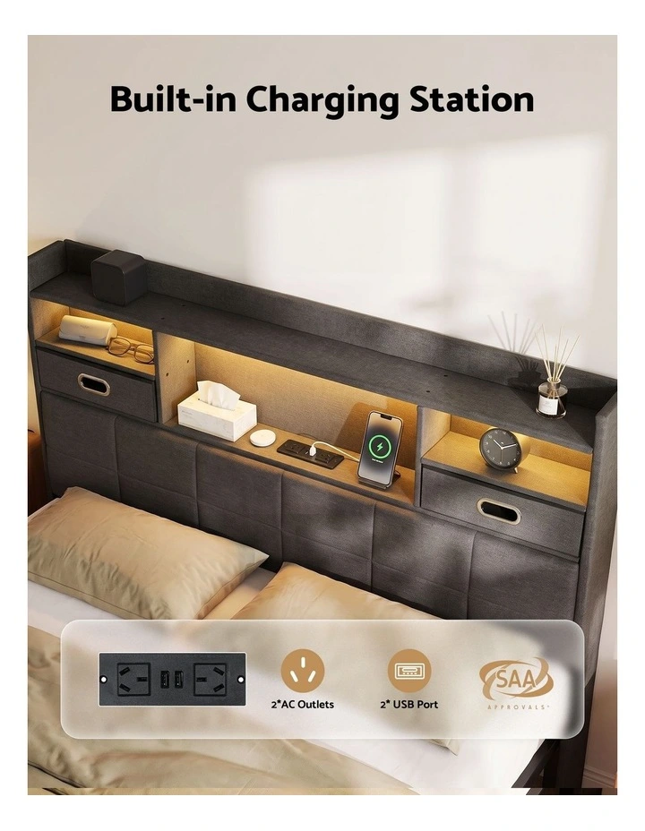 Artiss Queen Bed Frame with Storage Drawers & Headboard, 2 Drawer, USB, LED image 5