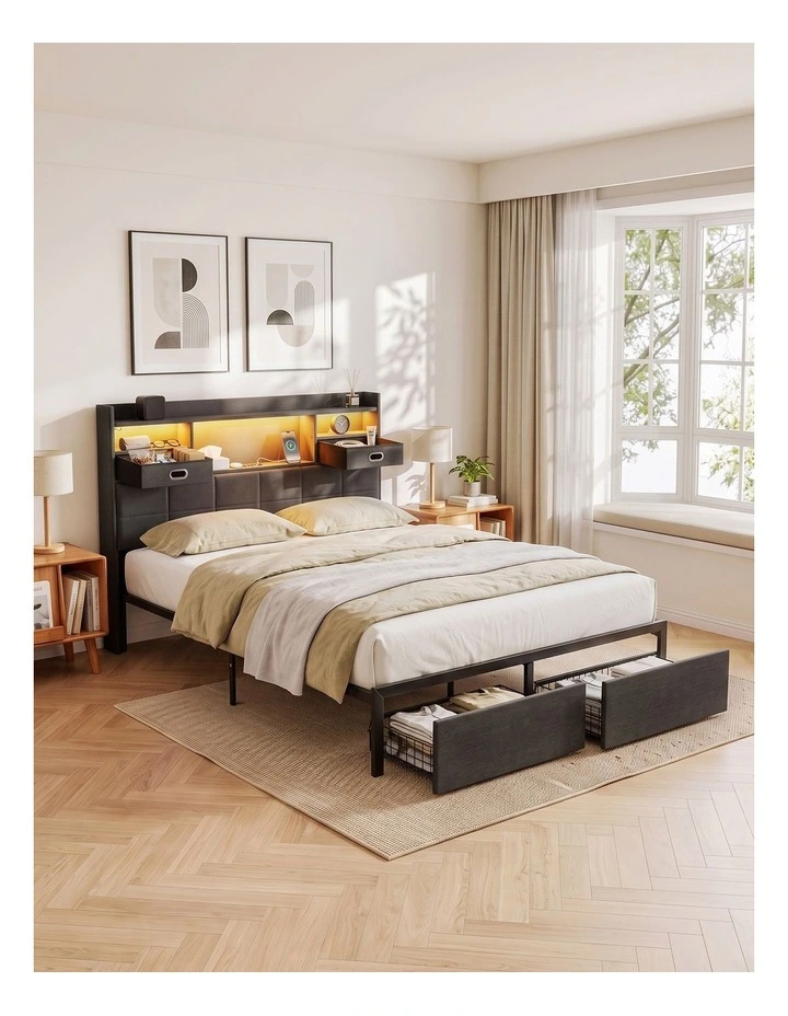Artiss Queen Bed Frame with Storage Drawers & Headboard, 2 Drawer, USB, LED image 6
