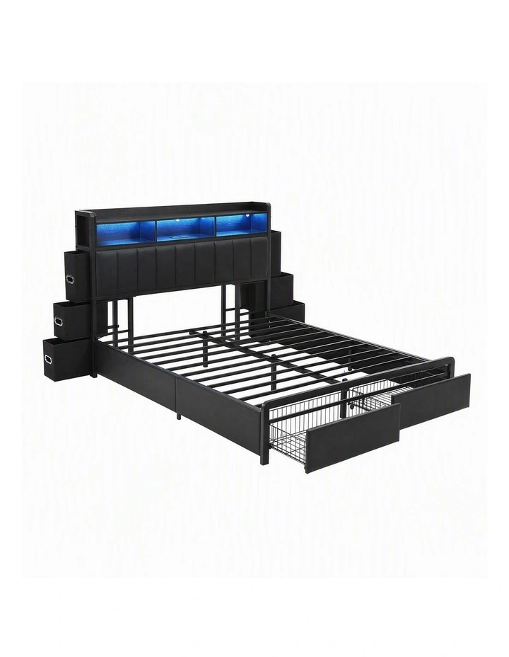Artiss Double Bed Frame with Storage Headboard, 2 Drawers, Charging Station LED Light image 1