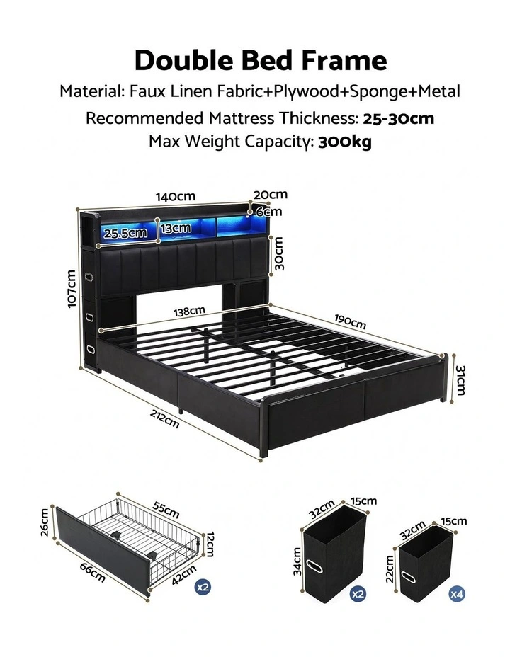 Artiss Double Bed Frame with Storage Headboard, 2 Drawers, Charging Station LED Light image 2