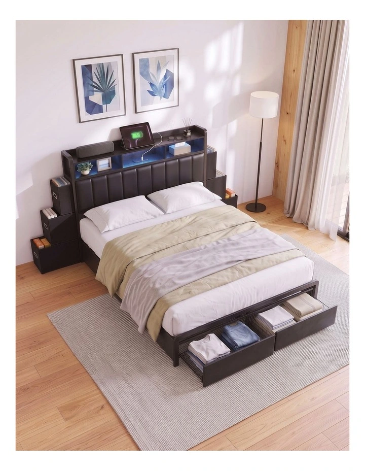 Artiss Double Bed Frame with Storage Headboard, 2 Drawers, Charging Station LED Light image 6
