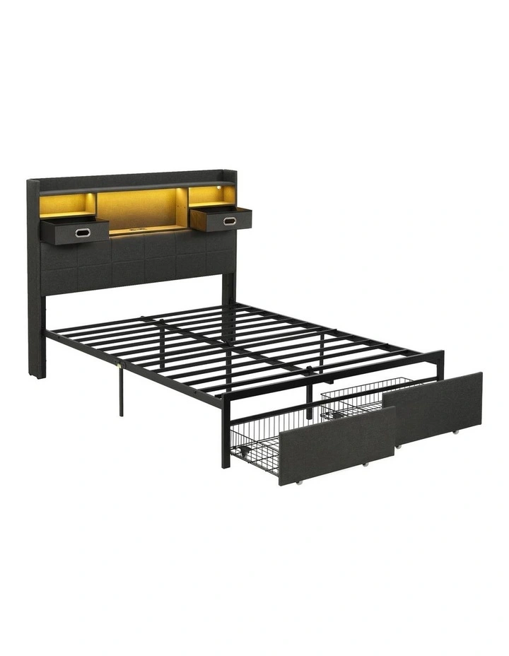 Artiss Double Bed Frame with 2 Storage Drawers & Headboard, USB Charging Station, RGB LED Light image 1