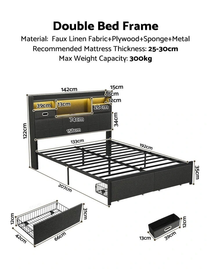 Artiss Double Bed Frame with 2 Storage Drawers & Headboard, USB Charging Station, RGB LED Light image 2