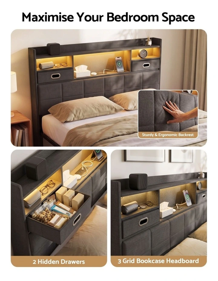 Artiss Double Bed Frame with 2 Storage Drawers & Headboard, USB Charging Station, RGB LED Light image 4