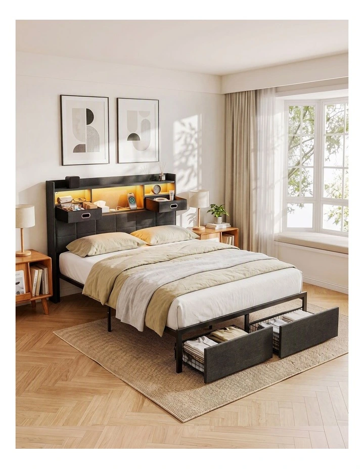 Artiss Double Bed Frame with 2 Storage Drawers & Headboard, USB Charging Station, RGB LED Light image 6