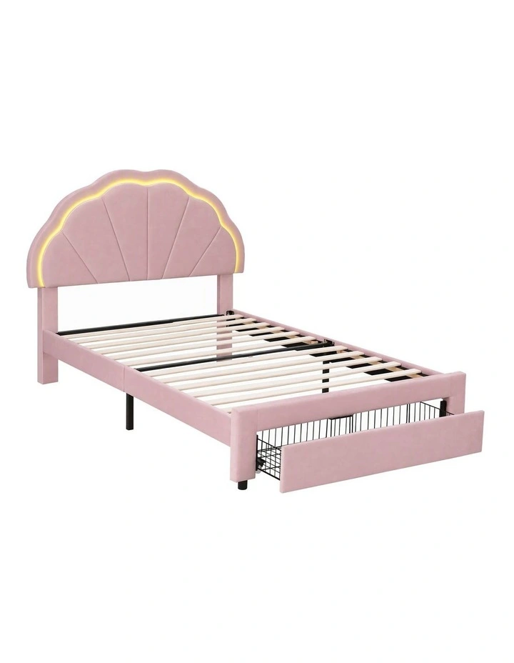 Artiss King Single Bed Frame with 1 Storage Drawer, Velvet Platform, LED Headboard Pink image 1