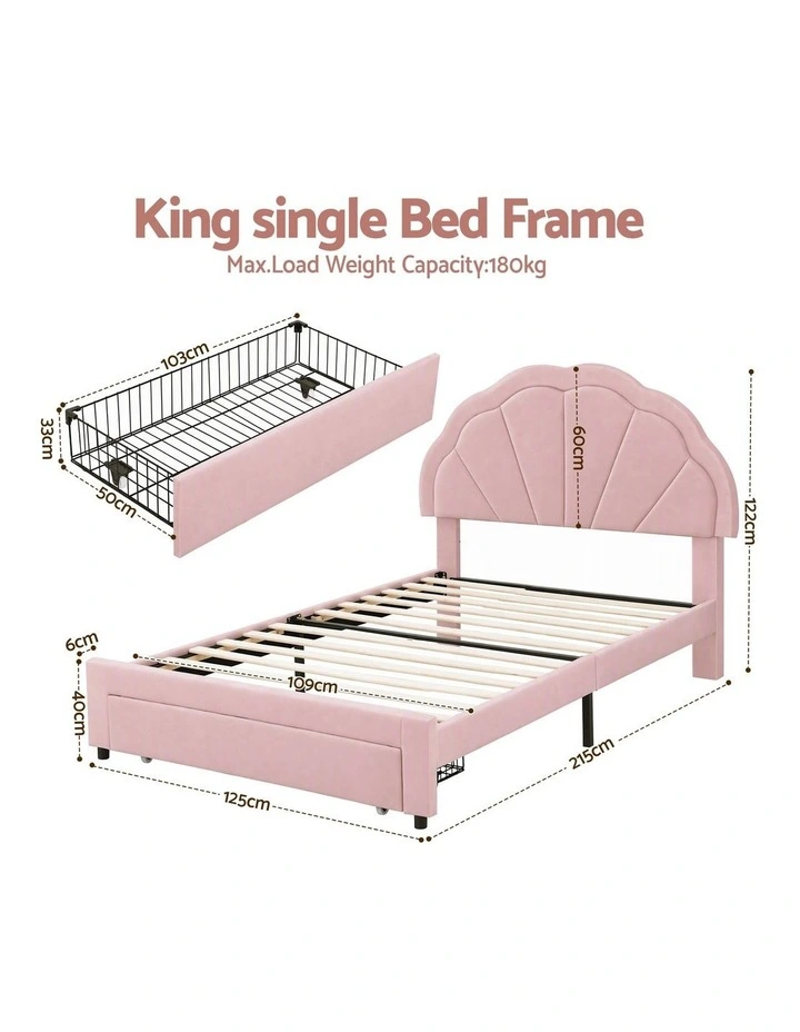 Artiss King Single Bed Frame with 1 Storage Drawer, Velvet Platform, LED Headboard Pink image 2