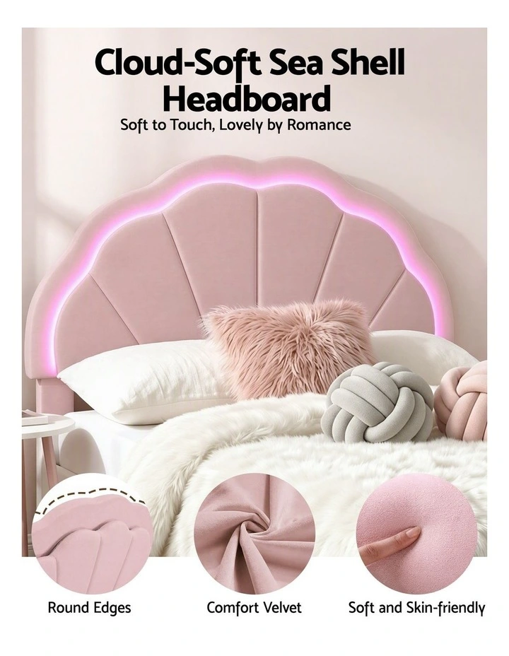 Artiss King Single Bed Frame with 1 Storage Drawer, Velvet Platform, LED Headboard Pink image 4