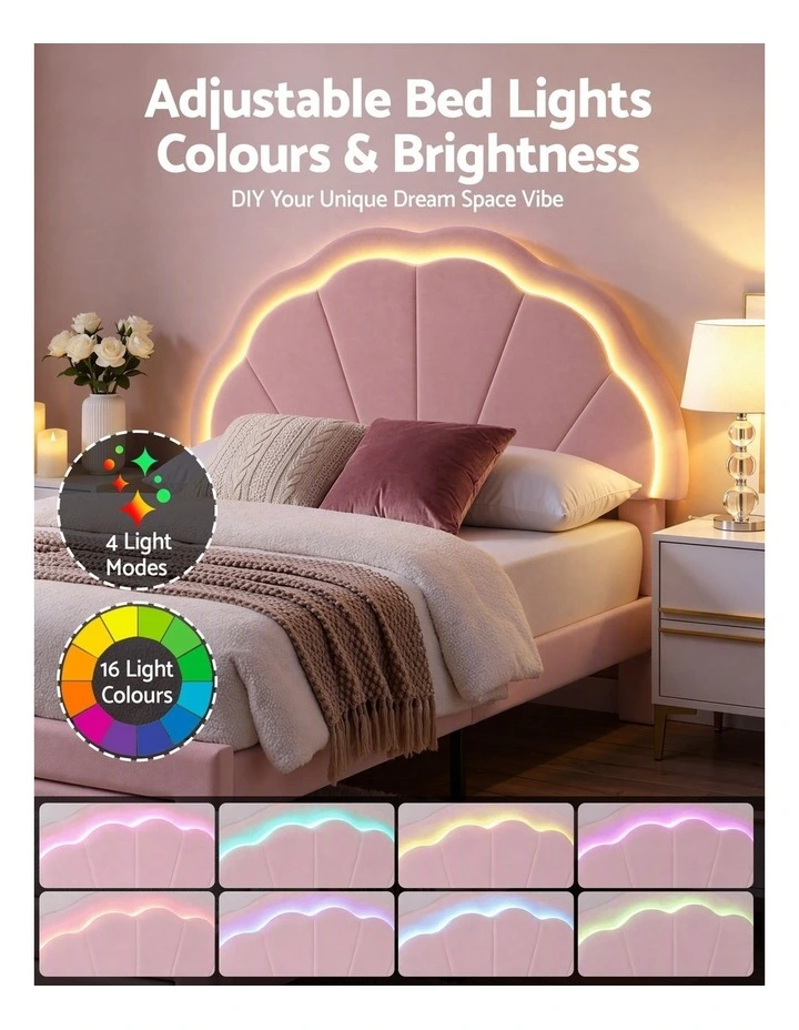 Artiss King Single Bed Frame with 1 Storage Drawer, Velvet Platform, LED Headboard Pink image 5