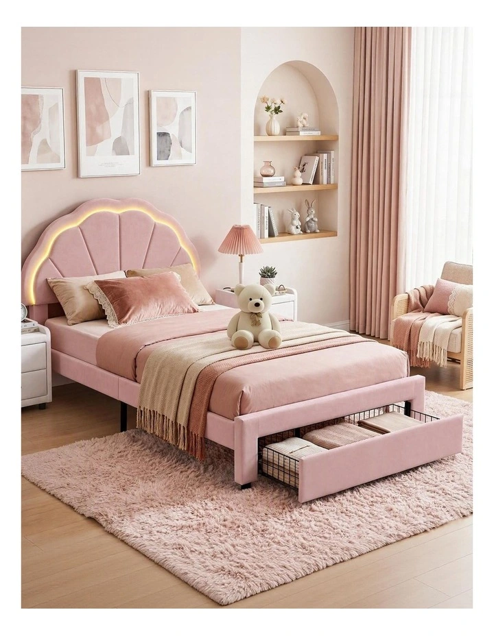 Artiss King Single Bed Frame with 1 Storage Drawer, Velvet Platform, LED Headboard Pink image 6