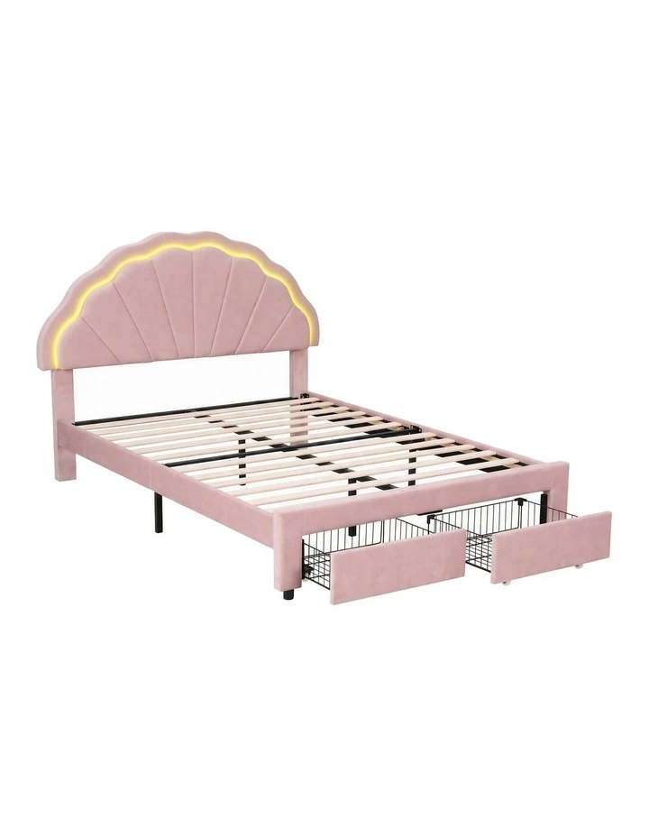 Artiss Double Bed Frame with 2 Storage Drawers Upholstered Velvet Platform Bed LED Headboard Pink image 1