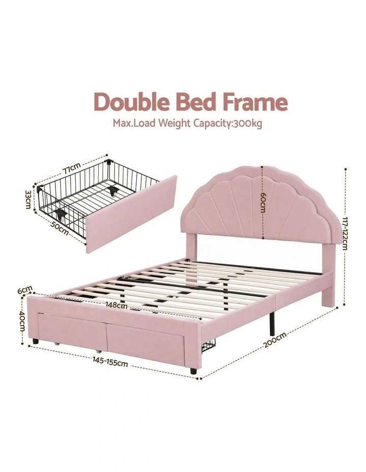 Artiss Double Bed Frame with 2 Storage Drawers Upholstered Velvet Platform Bed LED Headboard Pink image 2