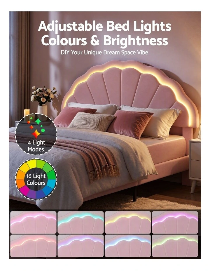 Artiss Double Bed Frame with 2 Storage Drawers Upholstered Velvet Platform Bed LED Headboard Pink image 5