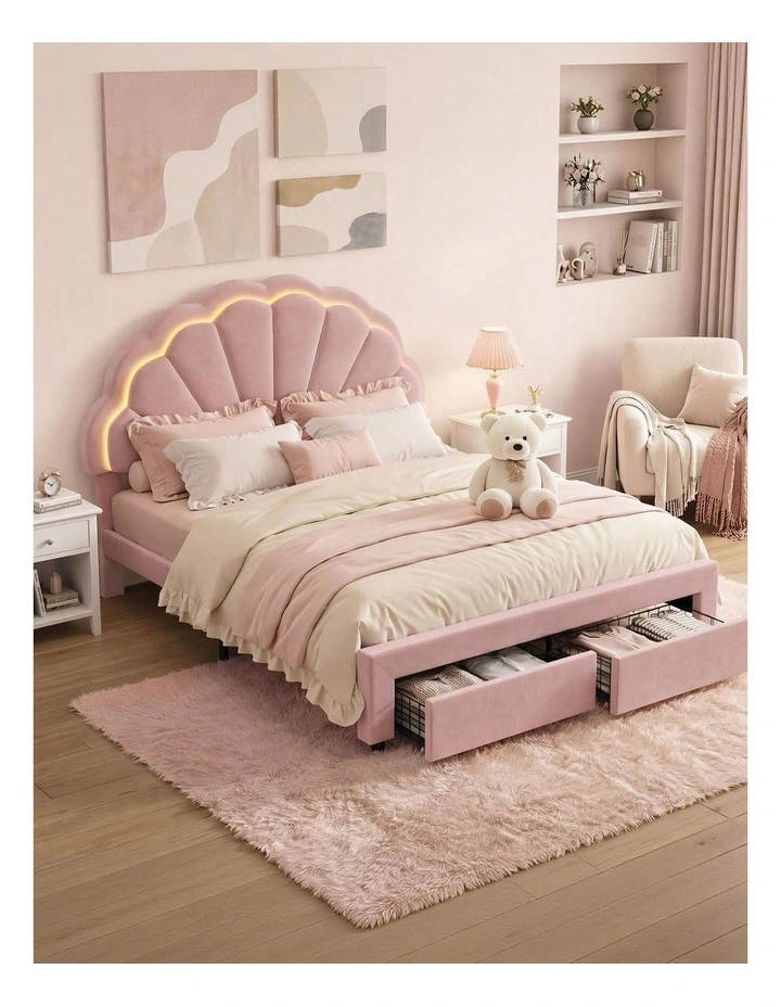 Artiss Double Bed Frame with 2 Storage Drawers Upholstered Velvet Platform Bed LED Headboard Pink image 6