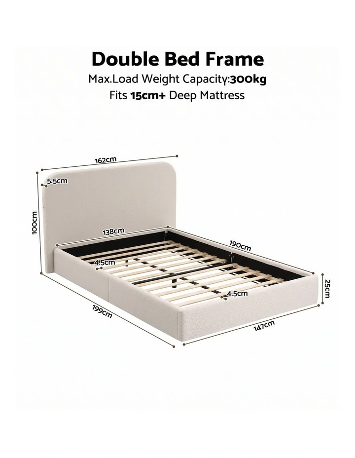 Artiss Double Bed Frame with 100cm Boucl Headboard, USB-C & Night Lights image 2