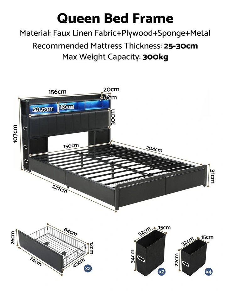 Artiss Queen Bed Frame with Storage Headboard, 2 Drawers, Charging Station& LED Light image 2