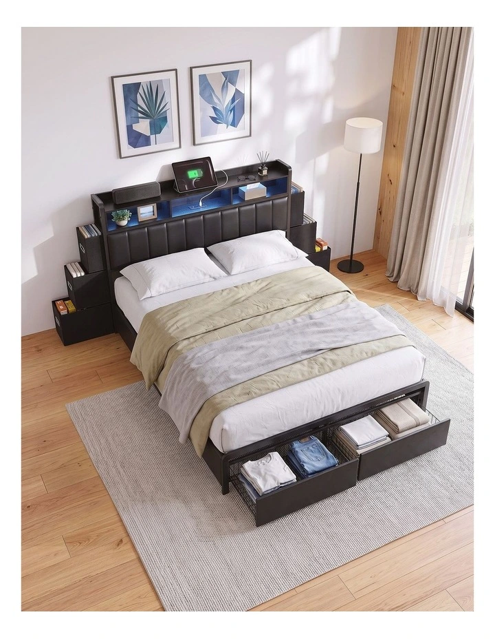 Artiss Queen Bed Frame with Storage Headboard, 2 Drawers, Charging Station& LED Light image 6