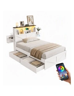 Artiss Single Bed Frame Storage Drawers Platform Bed Bookcase Headboard Charging LED White